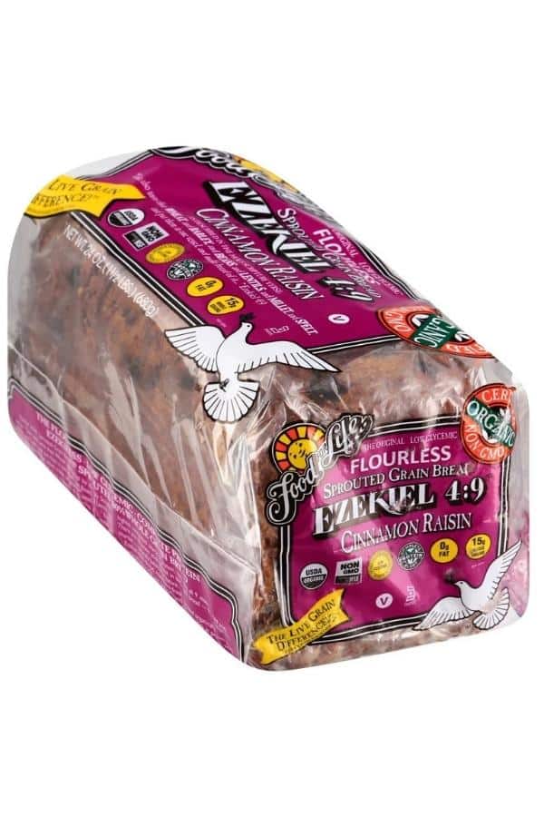 A bag of Ezekiel cinnamon raisin bread.