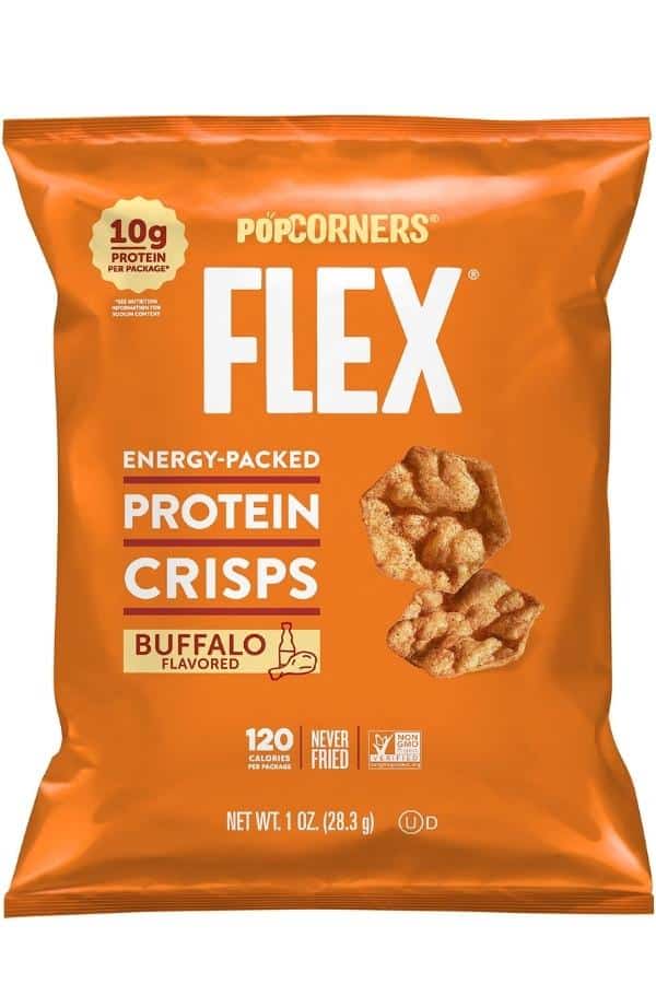 A bag of popcorn is flex energy packed protein crisps buffalo flavored.