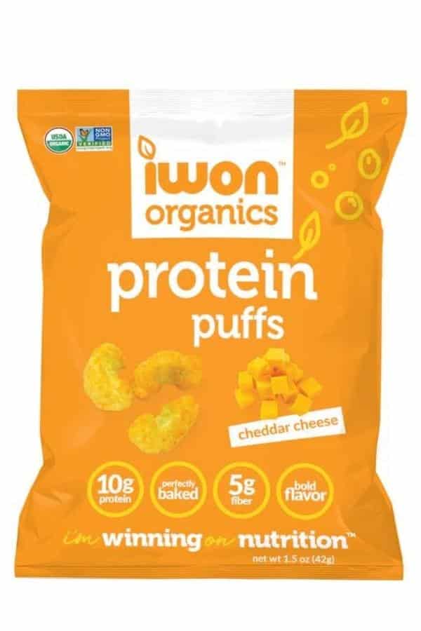 Bag of Iwon organics cheddar cheese protein bars.