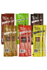 Six different flavors of primal spirit vegan jerky packs.