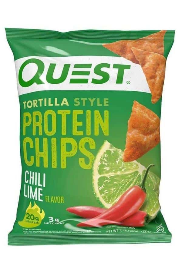 Quest tortilla style protein chips chili lime flavor.