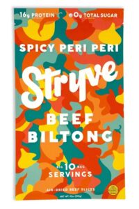 A bag of stryve beef biltong spicy Peri Peri flavor.