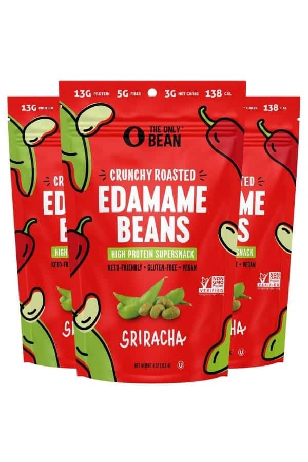 Three bags of the only bean crunchy roasted edamame beans.