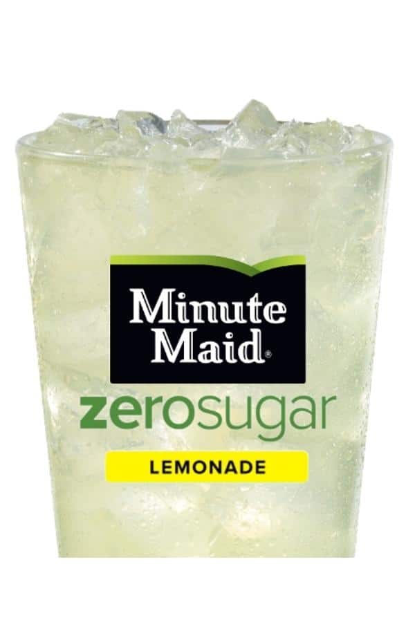 A glass filled with Minute Maid zero sugar lemonade.