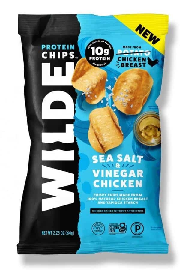 A bag of Wilde sea salt and vinegar protein chicken chips.