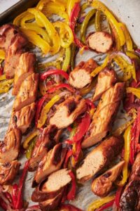 close up of chopped roasted chicken sausage with peppers