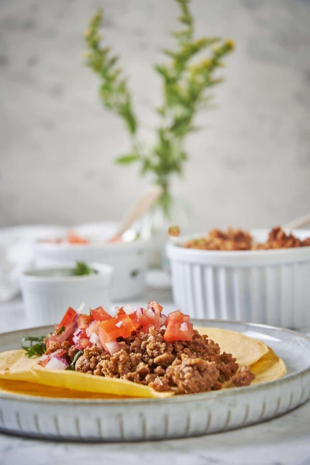 A plate of fried tortillas topped with chorizo, salsa, and cilantro. Bowls of chorizo, salsa, and cilantro are in the background.