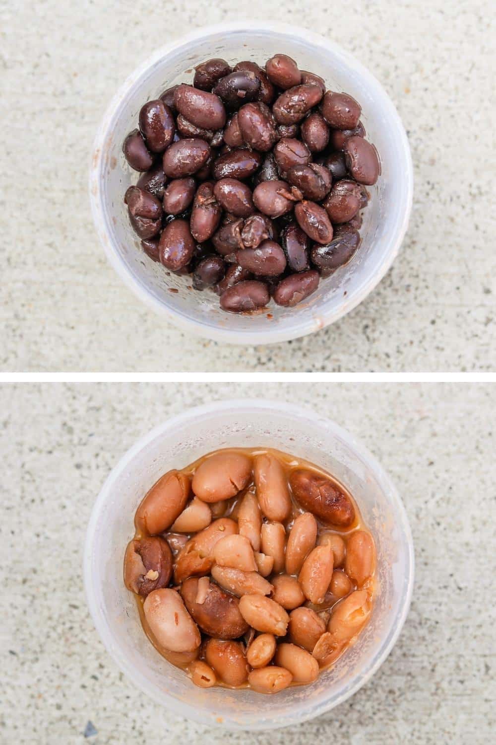 Black beans in a clear cup with a clear cup of pinto beans below it.