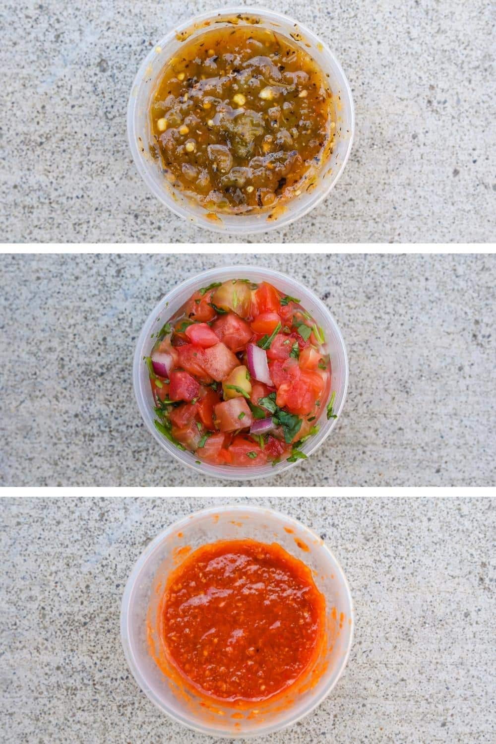 A cup of green tomato salsa with a cup of red tomato salsa below it and a cup of hot salsa below that.