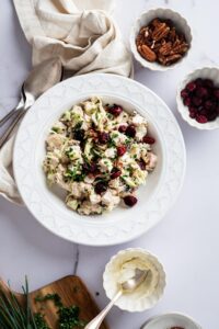 A white bowl that is fulled with turkey salad with dried cranberries on top.