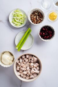 A bowl of diced turkey, a bowl of mayo a bowl of cranberries, a bowl of mustard, and a plate with chopped green onions.