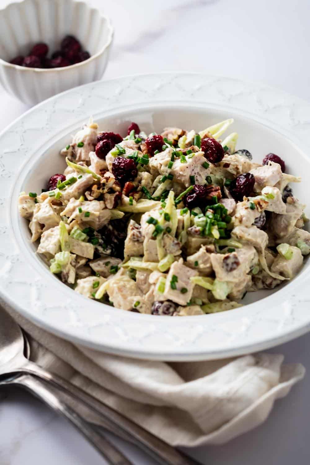 A white bowl that is filled with turkey salad.