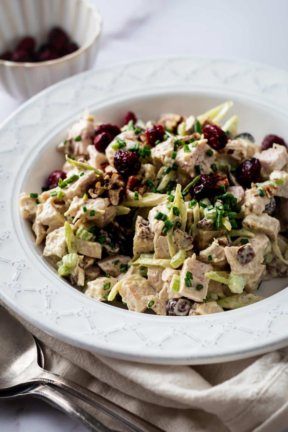 Part of a white bowl filled with turkey salad.