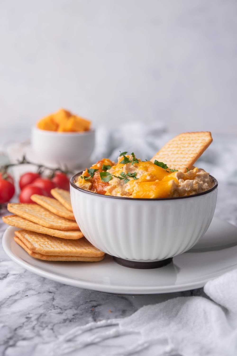 Chicken dip garnished with parsley in a bowl. A cracker is dipped halfway into the dip and the bowl is on a plate with more crackers.