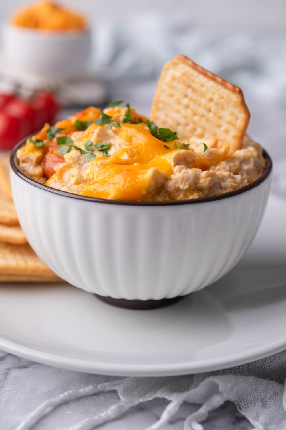 Healthy chicken dip in a bowl, garnished with parsley and topped with a cracker for dipping. The bowl is on a plate with more crackers.