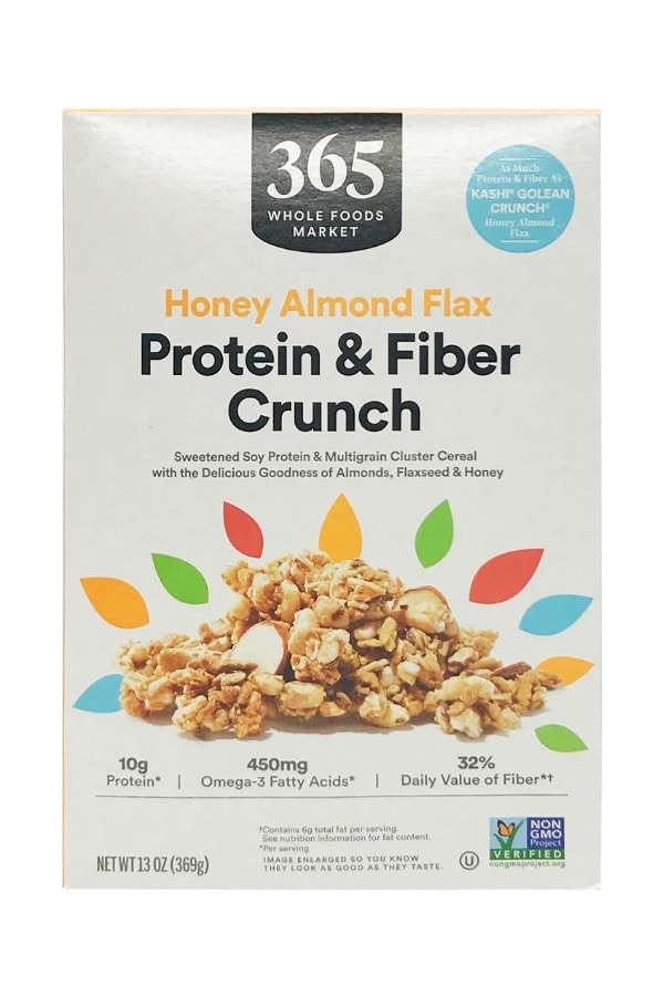 A box of 365 honey almond flax protein and fiber crunch.