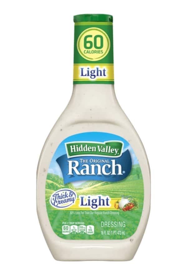 A bottle of light Hidden Valley ranch dressing.