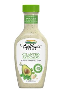 A bottle of Bolthouse farms cilantro avocado yogurt dressing and dip.