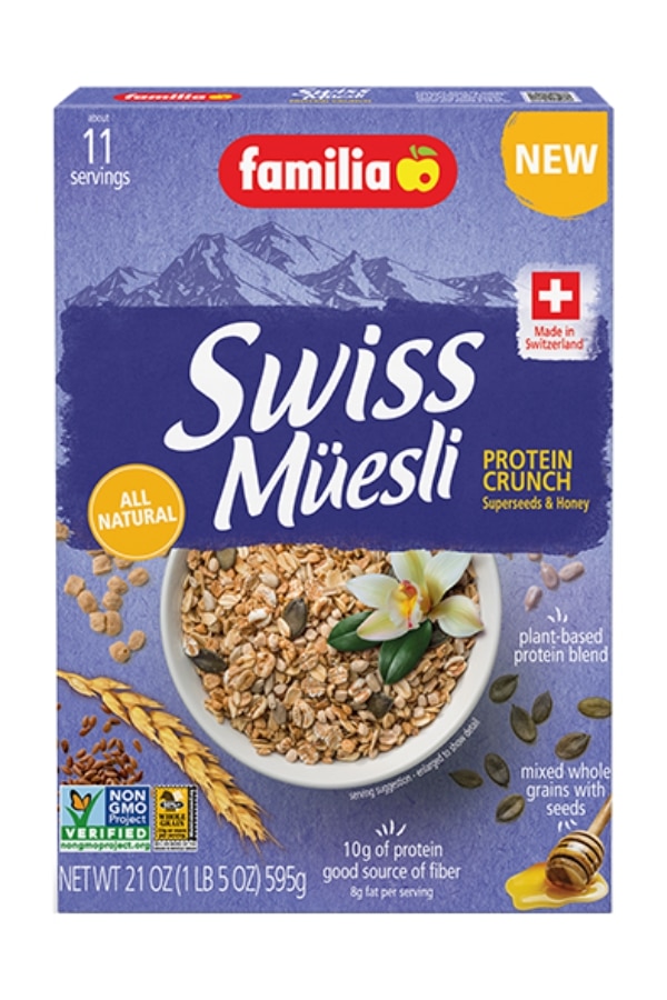 A box of familia Swiss muesli protein crunch cereal.