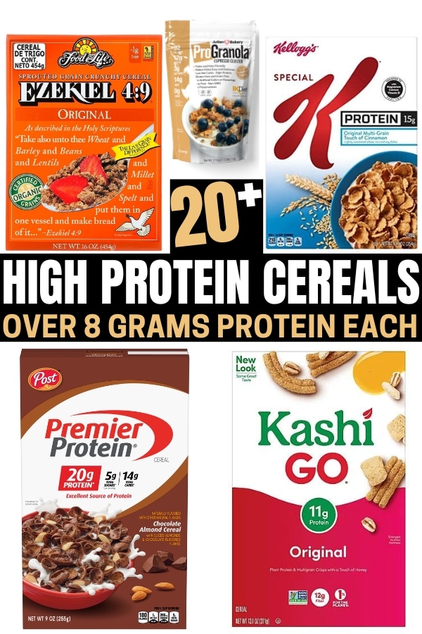 A compilation of five high protein cereal options.
