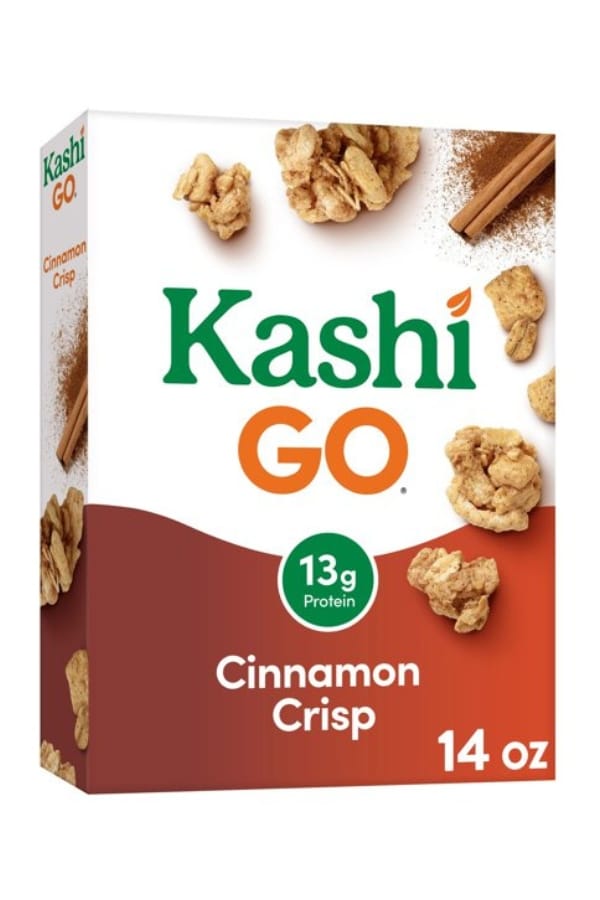 A box of Kashi Go cinnamon crisp cereal.