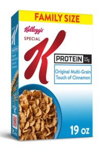 A box of Kellogs protein original multi-grain touch of cinnamon cereal.