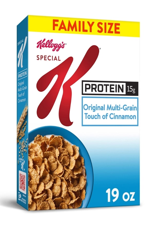 A box of Kellogs protein original multi-grain touch of cinnamon cereal.