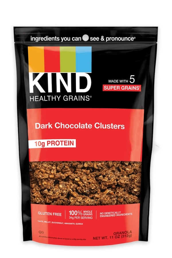 A bag of Kind dark chocolate clusters.