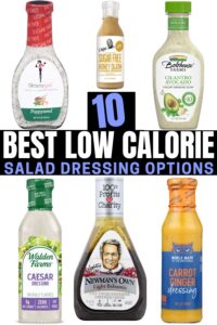 A compliation of six different low calorie salad dressings.