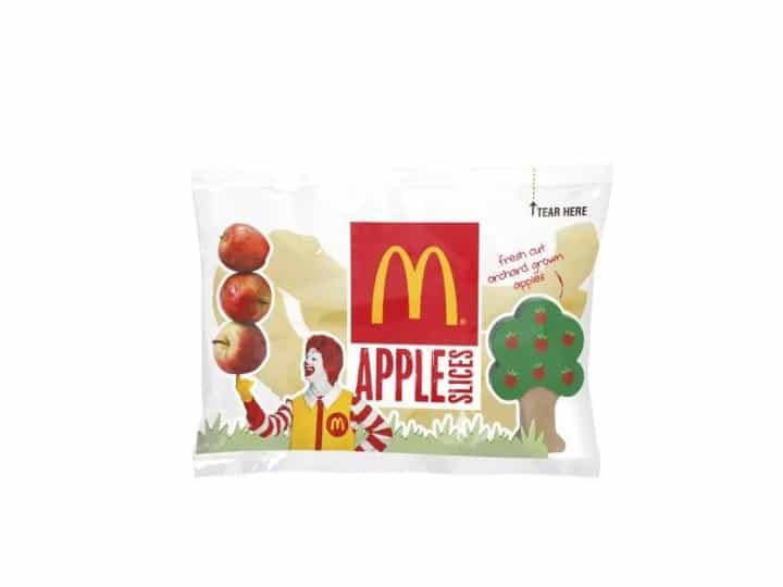 A bag of apple slices with McDonalds branding on it.