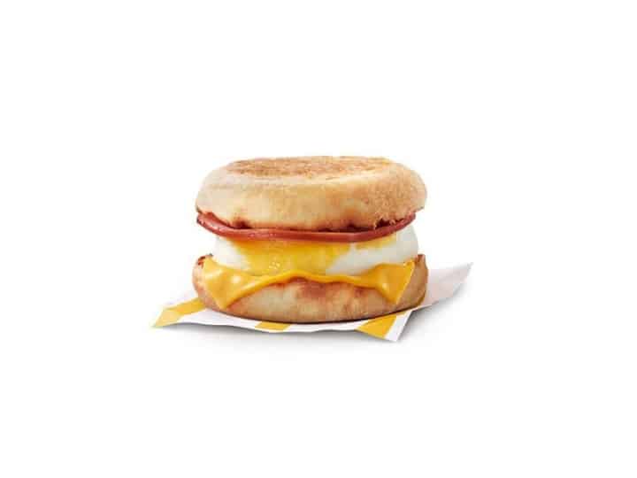 An english muffin with a slice of Candian bacon, an egg, and American cheese.