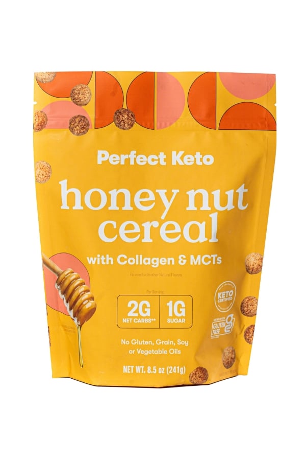 A bag of Perfect keto honey nut cereal.