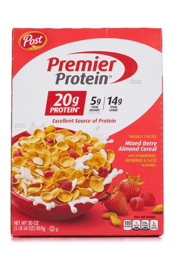 A box of Premier protein mixed berry almond cereal.