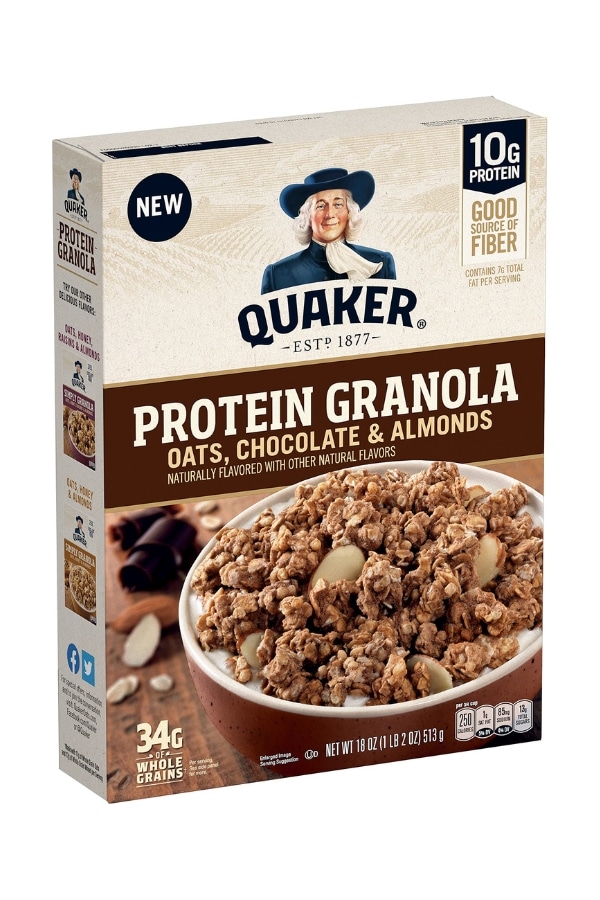 A box of Quaker oats, chocolate, and almond protein granola.