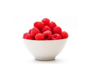 A bowl of raspberries.