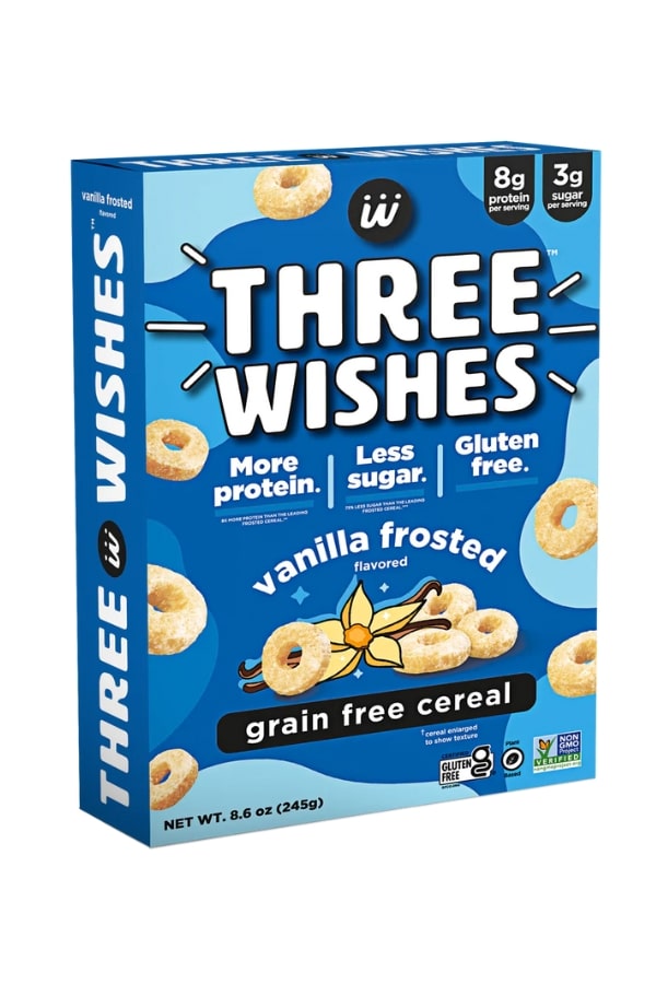 A box of Three Wishes vanilla frosted cereal.