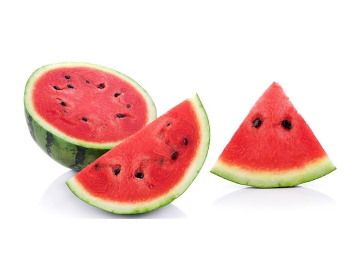 A half a watermelon, quarter of a watermelon, and a slice of a watermelon.