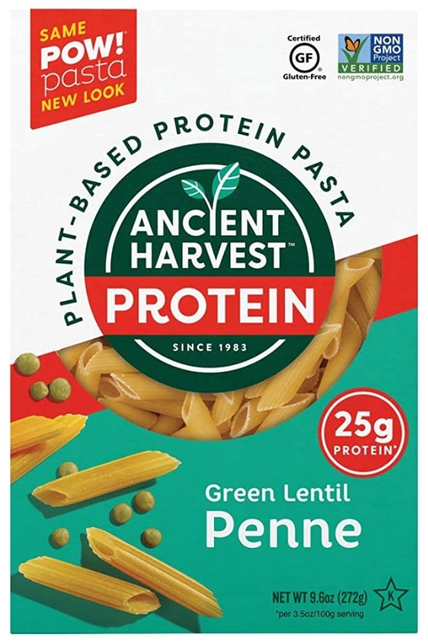 A box of Ancient Harvest protein green lentil penne pasta.