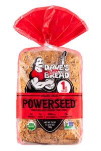 A clear bag of Dave's Killer Bread powerseed bread.