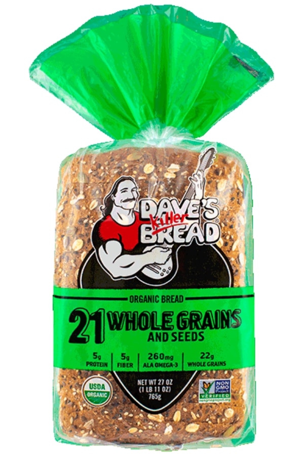 A clear bag of Dave's Killer Bread 21 whole grains and seeds organic bread.