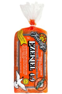 A pack of Ezekial 4:9 sprouted 100% whole grain bread.