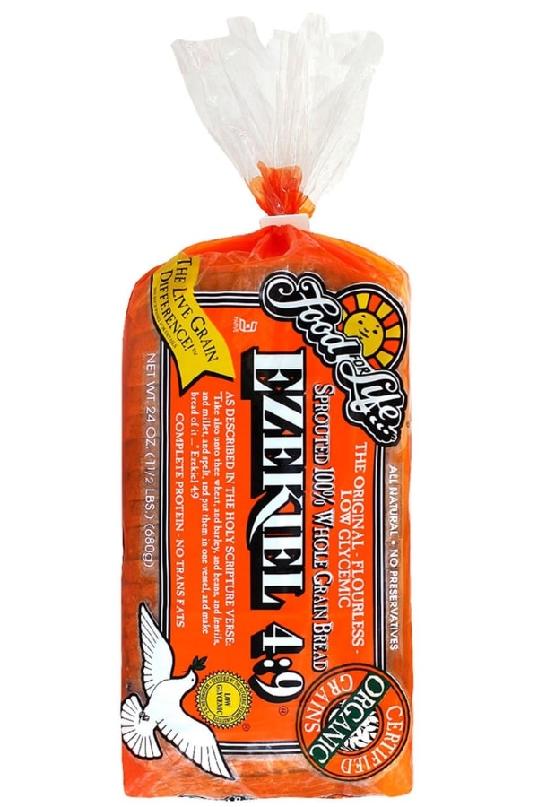 A pack of Ezekial 4:9 sprouted 100% whole grain bread.