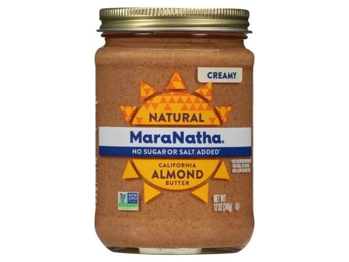 A bottle of MaraNatha creamy natural almond butter.