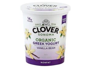 A tub of Clover Sonoma organic Greek yogurt vanilla bean flavor.