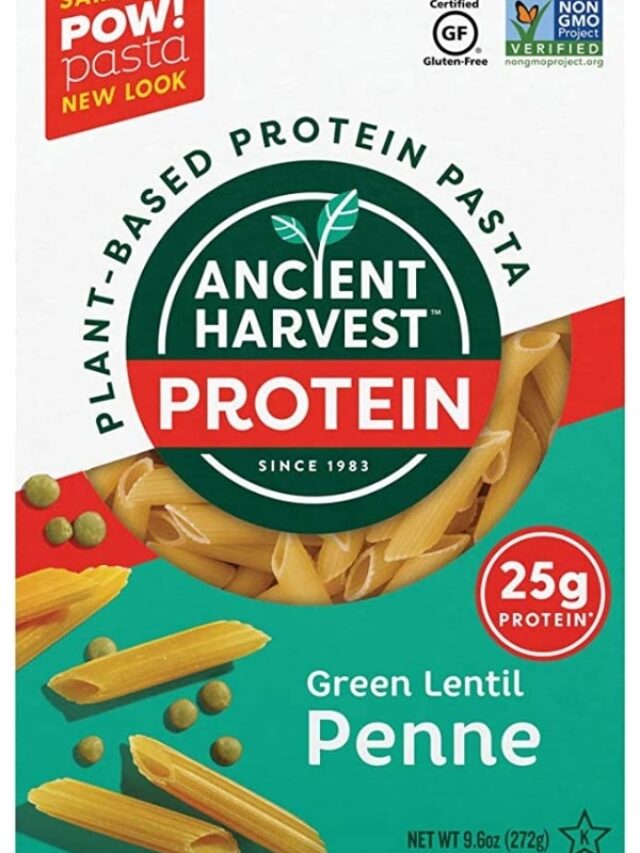 A box of Ancient Harvest protein green lentil penne pasta.