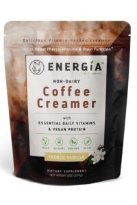 A bag of energia non dairy coffee creamer with essential daily vitamins and vegan protein.