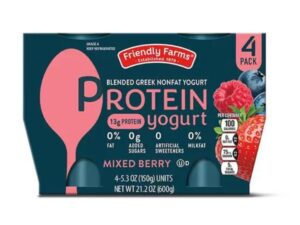 A pack of Friendly Farms mixed berry protein yogurt.