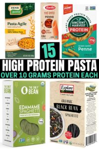 A compilation of five different high protein pasta brands.