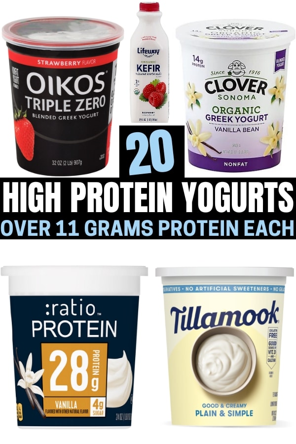 A compilation picture of five high protein yogurt options.