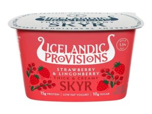 A container of Icelandic Provisions strawberry and lingoberry thick and creamy skyr.